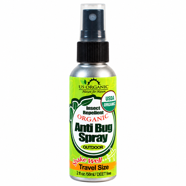 US Organic Anti Bug Spray Outdoor, one 2 fl oz travel-size bottle on white