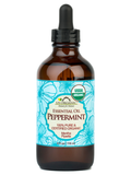 US Organic Peppermint essential oil, 4 fl oz amber bottle with black dropper and blue floral label.