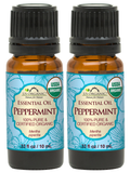 US Organic Peppermint essential oil two-pack, two 10 mL amber bottles with black caps and blue labels.