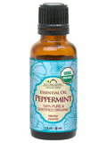 US Organic Peppermint essential oil, 30 mL amber bottle with black cap and blue floral label.
