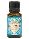 US Organic Peppermint essential oil, 15 mL amber bottle with black cap and blue floral label.