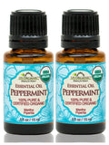 US Organic Peppermint essential oil two-pack, two 15 mL amber bottles with black caps and blue labels.