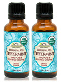 US Organic Peppermint essential oil two-pack, two 30 mL amber bottles with black caps and blue labels.