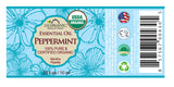 US Organic Peppermint essential oil 10 mL wraparound label with safety information and barcode.