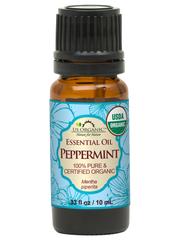 US Organic Peppermint essential oil, 10 mL amber bottle with black cap and blue floral label.