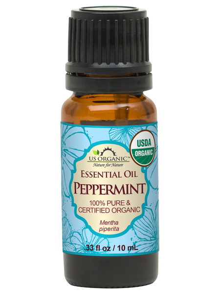 US Organic Peppermint essential oil, 10 mL amber bottle with black cap and blue floral label.
