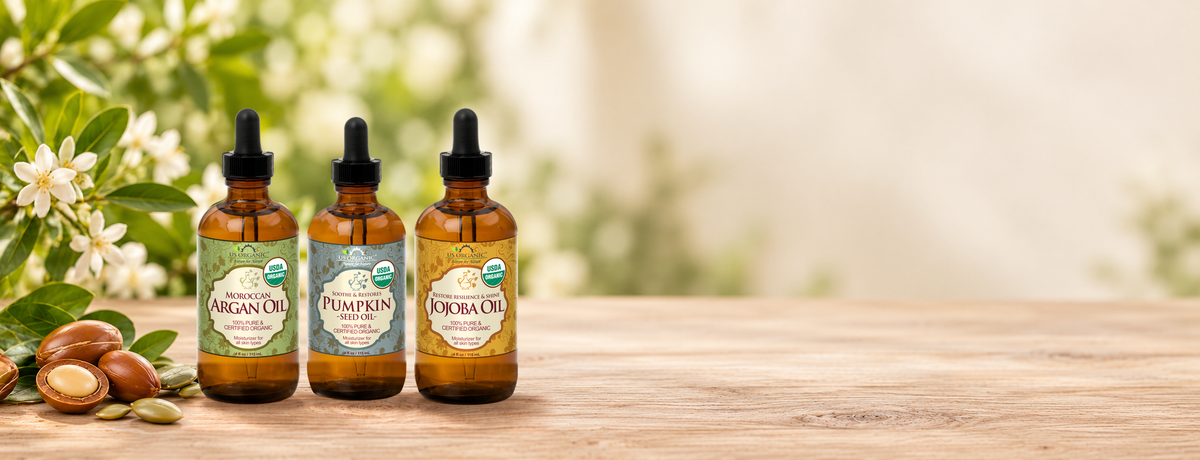 Argan, Pumpkin Seed and Jojoba carrier oils in original 2 oz bottles